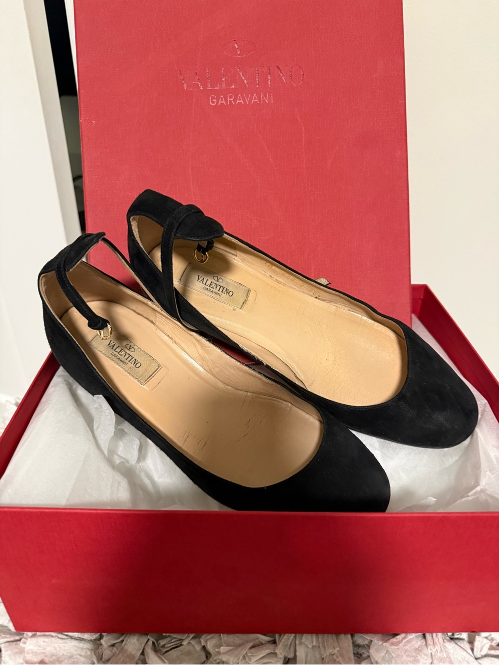 Valentino Black Suede Ballet Flats with Ankle Strap